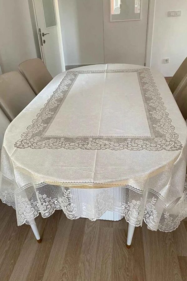 Desenli Dertsiz Örme Leke Tutmaz Dantelli Masa Örtüsü, Çini Desen Masa Örtüsü - Ekru