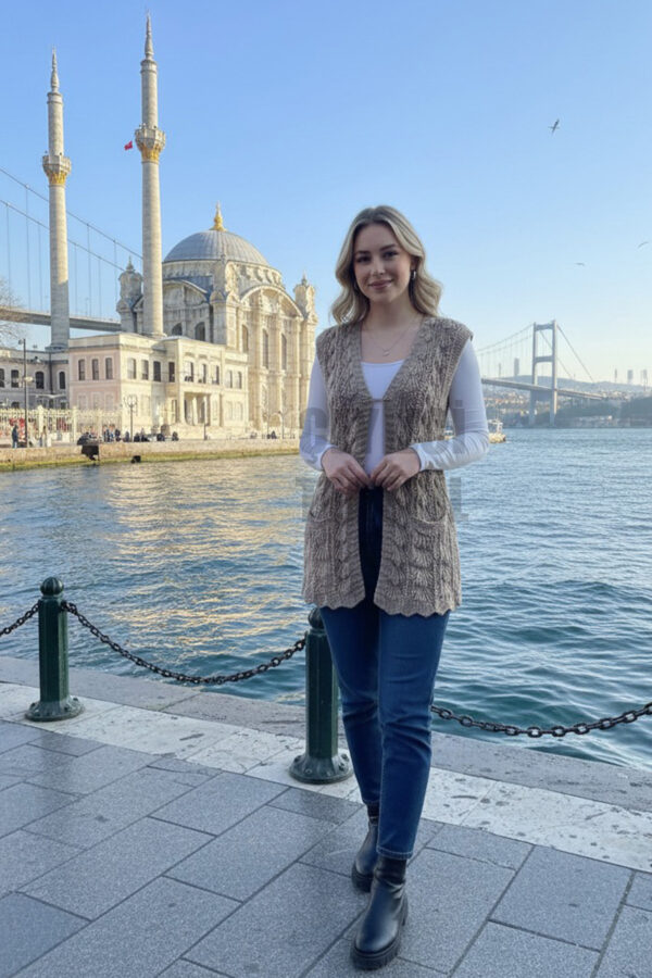 Özel Tasarım İstiridye Yelek, Çeyizlik Yelek Kahve