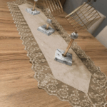 Kadife Dantel Detaylı Krem Runner (140x40cm) Kahve