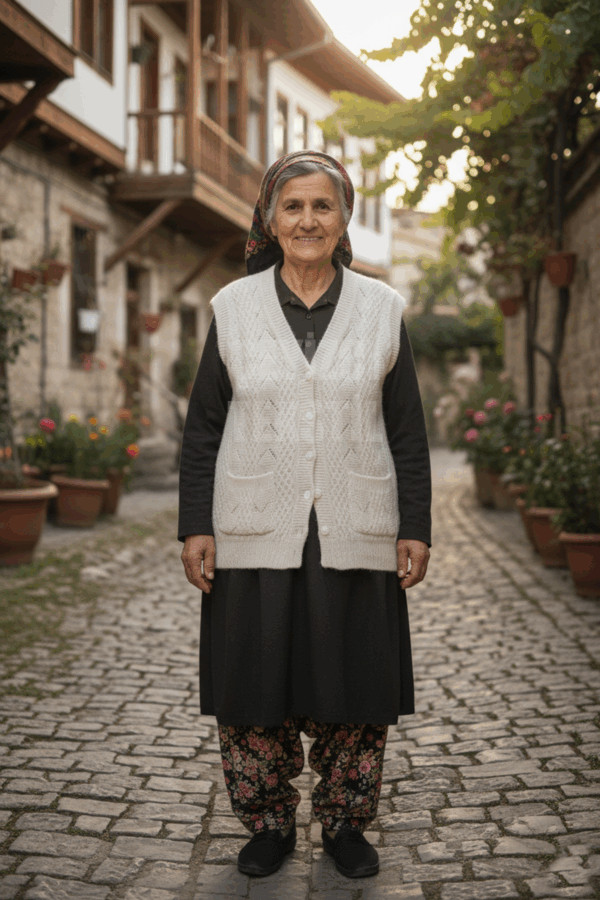 Çeyizlik Yelek, Düğmeli Anne Yeleği, Simli Yelek, Hediyelik Yelek, Gelin Simli Cepli Yelek - Krem