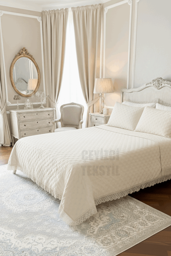 Çift Kişilik Dantelli Yatak Örtüsü Krem