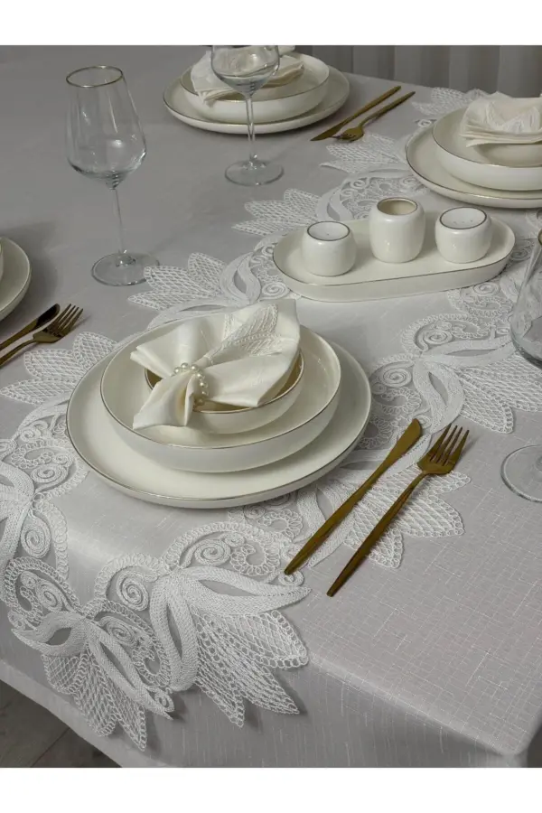 Masa Örtüsü Yemek Takımı 12 Kişilik 26 Parça Fransız Dantelli – Ekru