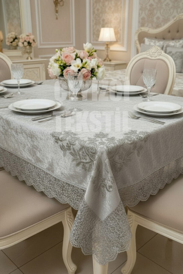 Kadife Tek Masa Örtüsü 160x220cm | Dantelli Yemek Masası Örtüsü 160x220cm Tek Masa