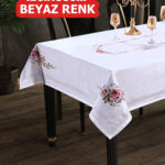 Dijital Baskılı Kanaviçe Tek Masa Örtüsü 120x160cm Beyaz