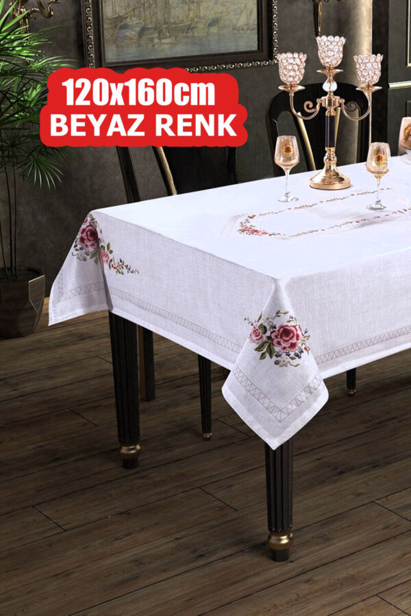 Dijital Baskılı Kanaviçe Tek Masa Örtüsü 120x160cm Beyaz