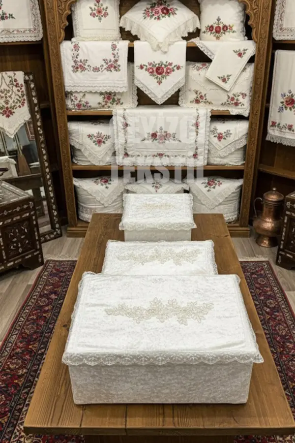 Fransız Güpürlü Kadife Bohça, Kadife Söz Nişan Hurcu Çeyizlik 3'lü Set Çeyizlik Hurç Seti