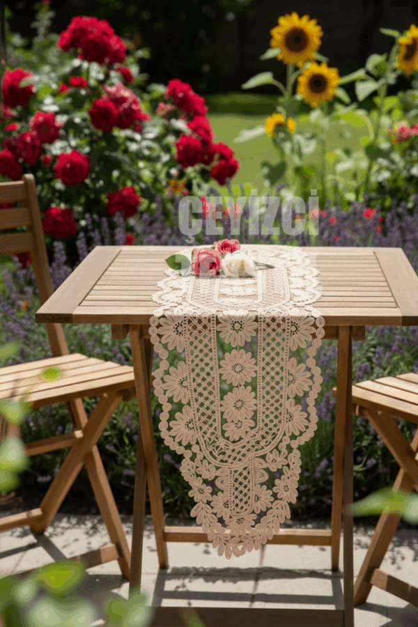 Fransız Dantel Detaylı Tek Runner, Masa Üzerine Runner, Masa Örtüsü Runneri
