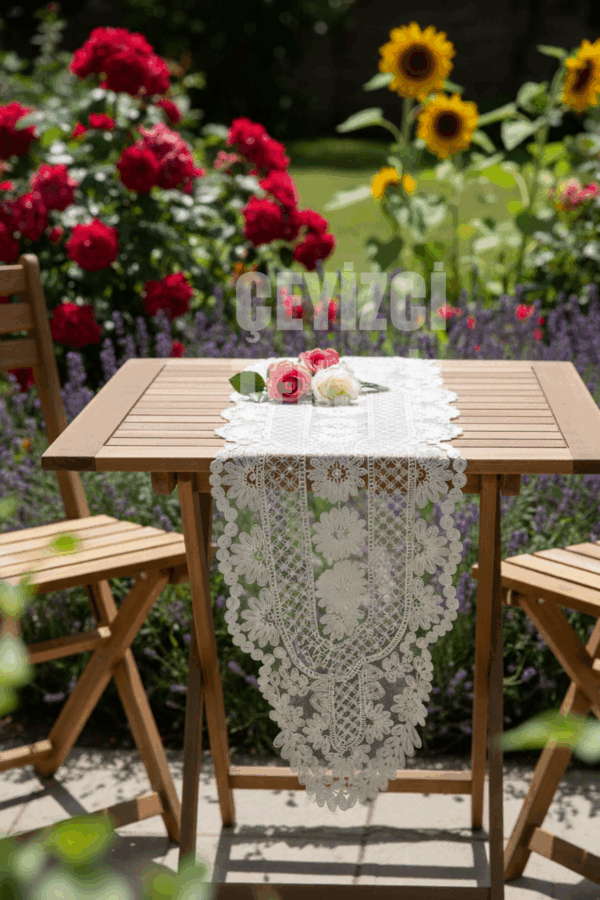 Fransız Dantel Detaylı Tek Runner, Masa Üzerine Runner, Masa Örtüsü Runneri